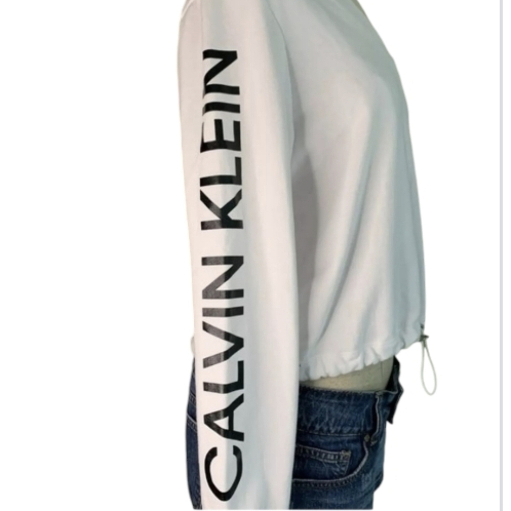 Calvin Klein Performance V Neck Cropped Sweatshirt Cinched Waist Lg Short Hoodie - Picture 2 of 15